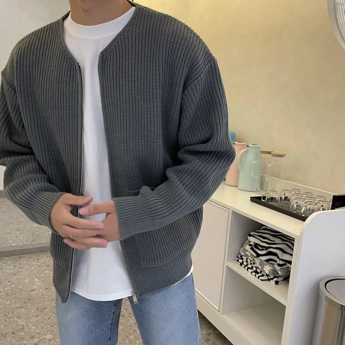 Mens Zip Up Knitted Cardigan Funnel Neck Sweater