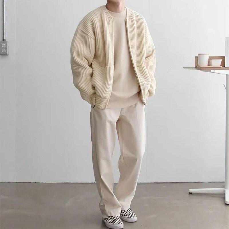 Mens Zip Up Knitted Cardigan Funnel Neck Sweater