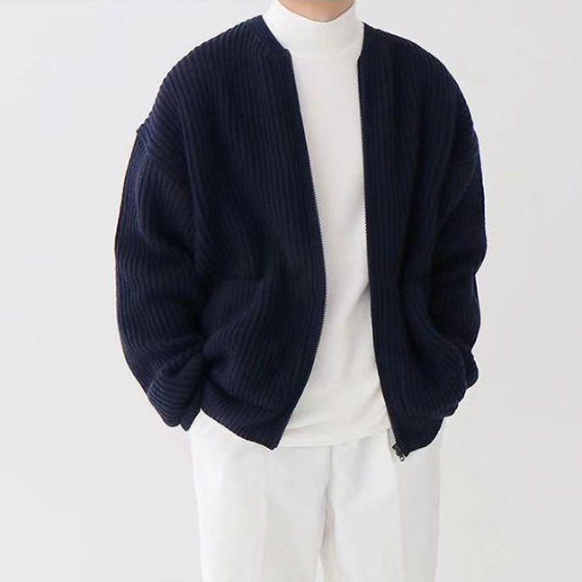 Mens Zip Up Knitted Cardigan Funnel Neck Sweater