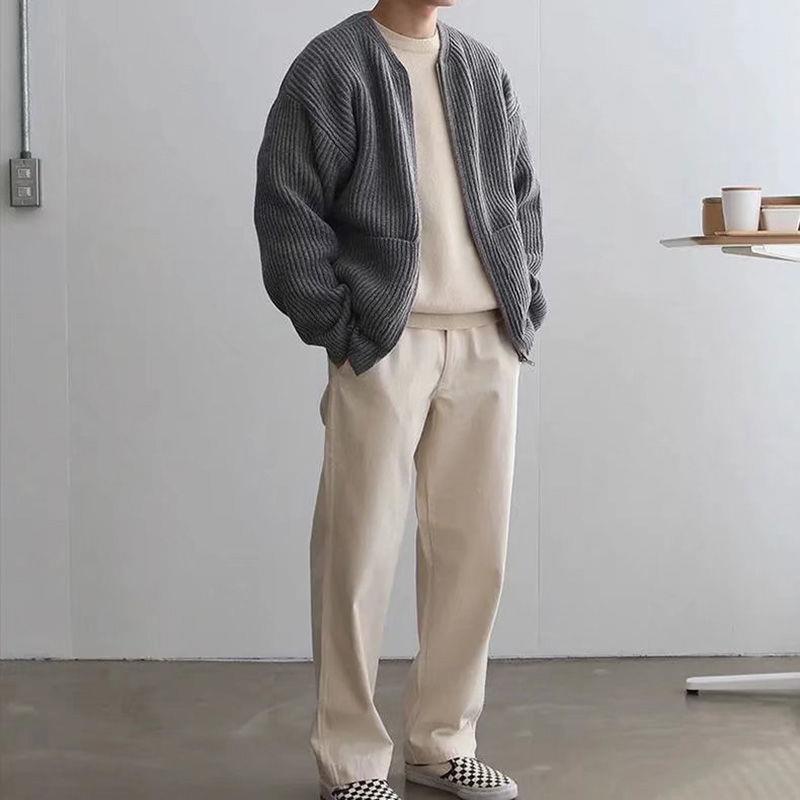 Mens Zip Up Knitted Cardigan Funnel Neck Sweater